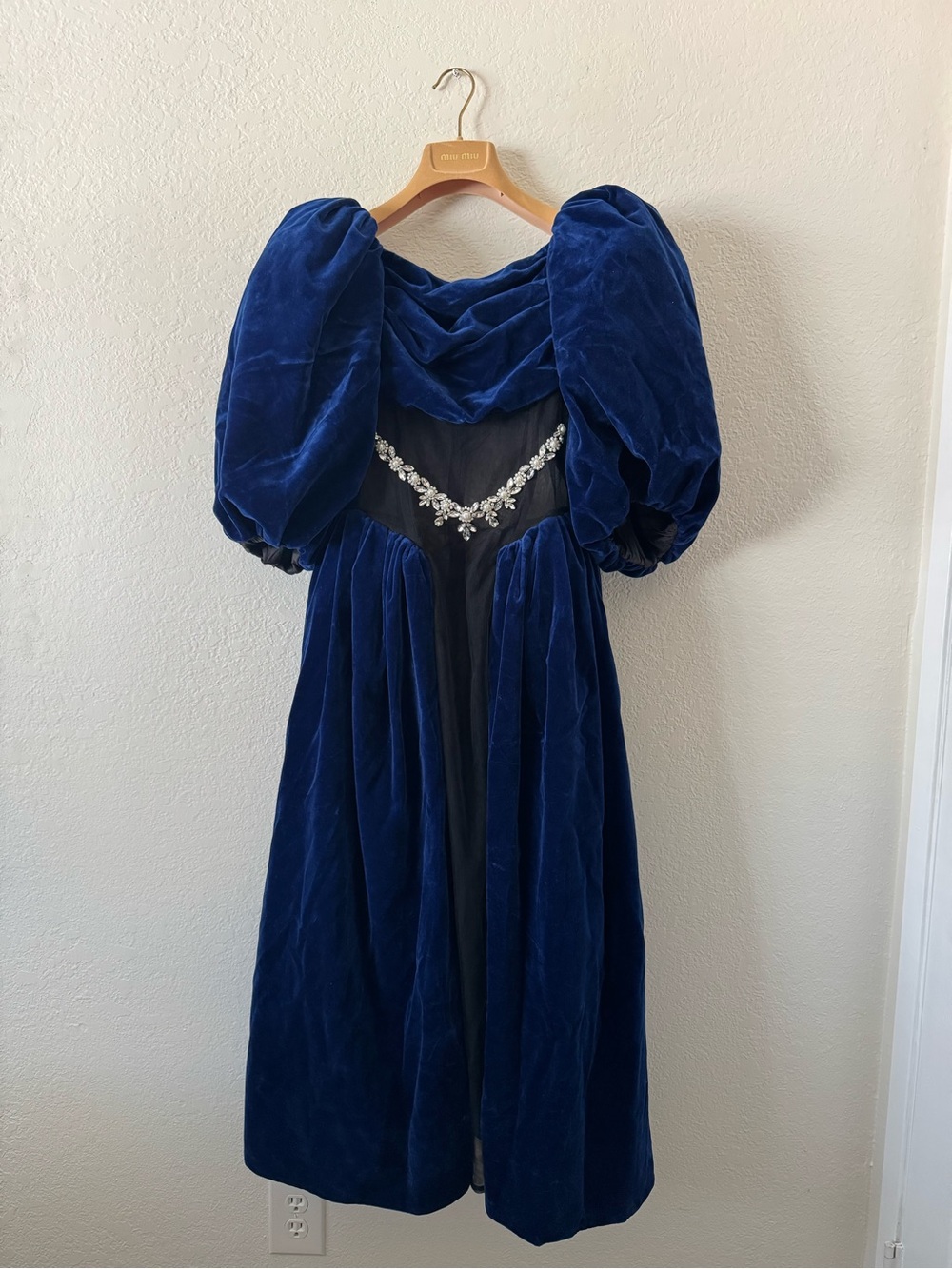 Simone Rocha Runway Blue Velvet Puff-Sleeve Dress with Crystal Embellishment